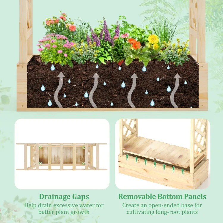 Wooden Raised Garden Bed Planter Box with Trellis and Hanging Roof