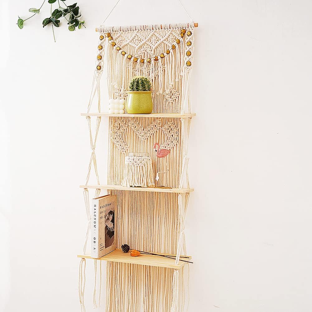 Macrame Wall Hanging Shelf with Enhanced Solid Wood Shelves and Handmade Macrame to Organize Plants and Decor &#x2014; 3 Tier Macrame Shelf Wall Hanging Bohemian Decorative Shelves for Kitchen,Home Storage