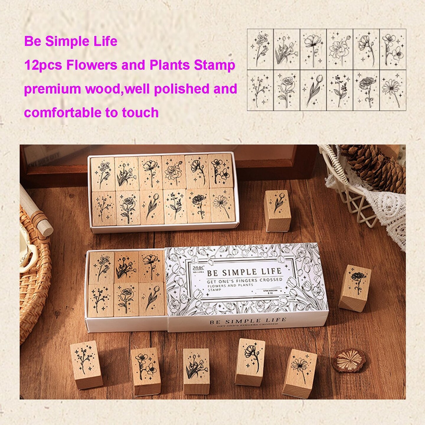 12Pcs Wooden Rubber Stamps Vintage Decorative Plant and Flower Wood Rubber Stamp Set
