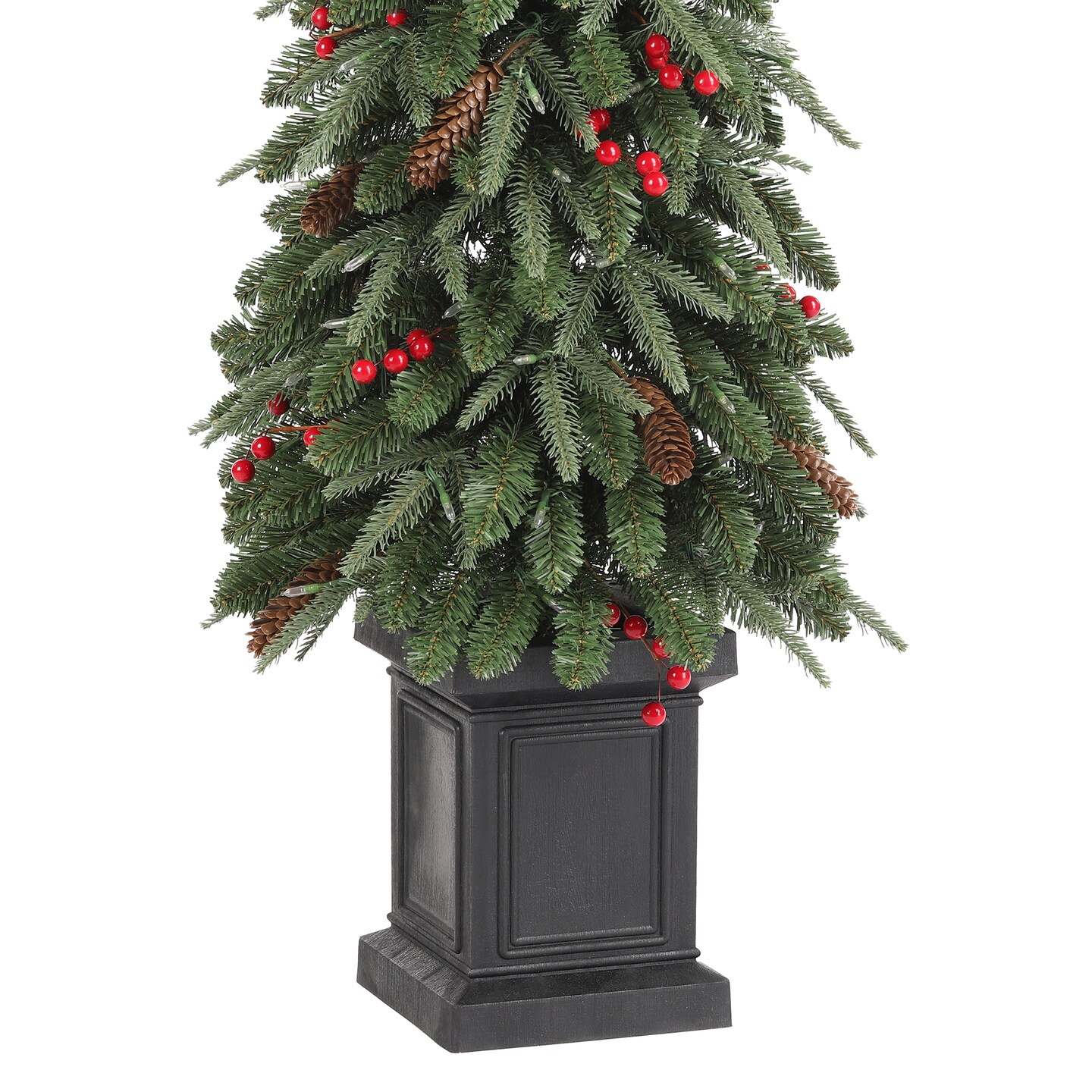 Set of 2/3 4/6/7FT Green Artificial Christmas Porch Tree with red berries,pinecones and warm white lights,3 function w/Foot Pedal