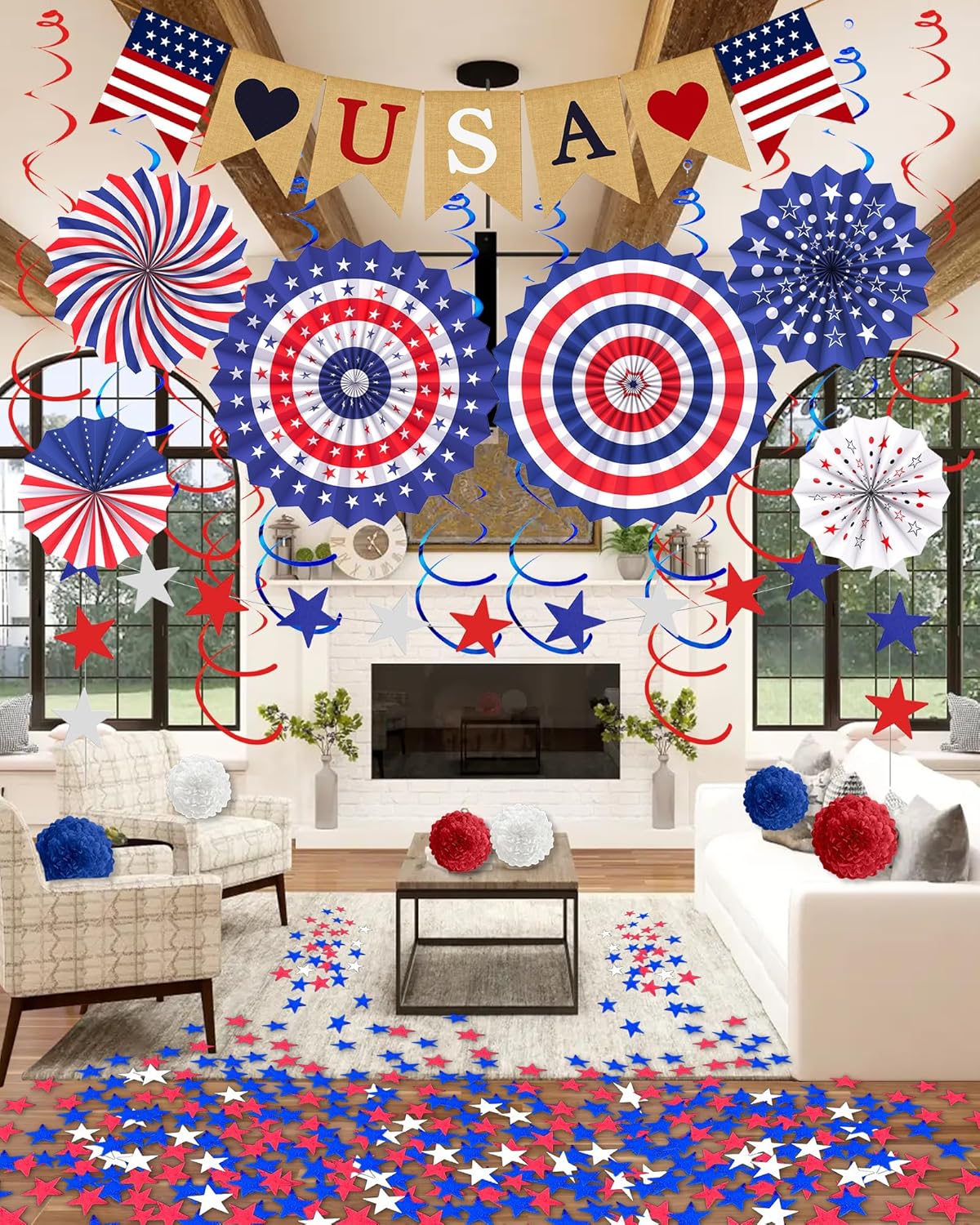 33-Piece Patriotic Decorations Set, 4th of July & Memorial Day Hanging Swirls and Stars, Red White & Blue Streamers and USA Banner for Indoor and Outdoor Parties, Veterans Day and Independence Day Decor