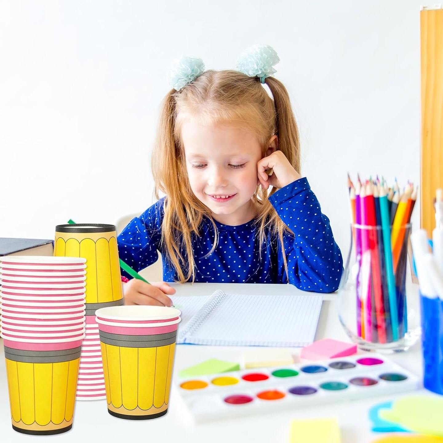 50Pcs Back to School Paper Cups 9 oz Yellow Pencil Design Disposable Cups School Season Coffee Tea Cups Cute Small Snack Cups for First Day of School Party Supplies