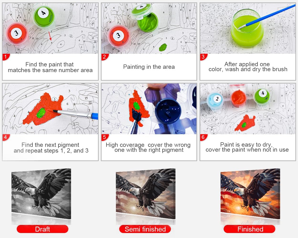 DIY Paint-by-Number Kit featuring a white-headed eagle with the U.S. flag, designed for adult beginners on 16×20 inch canvas.