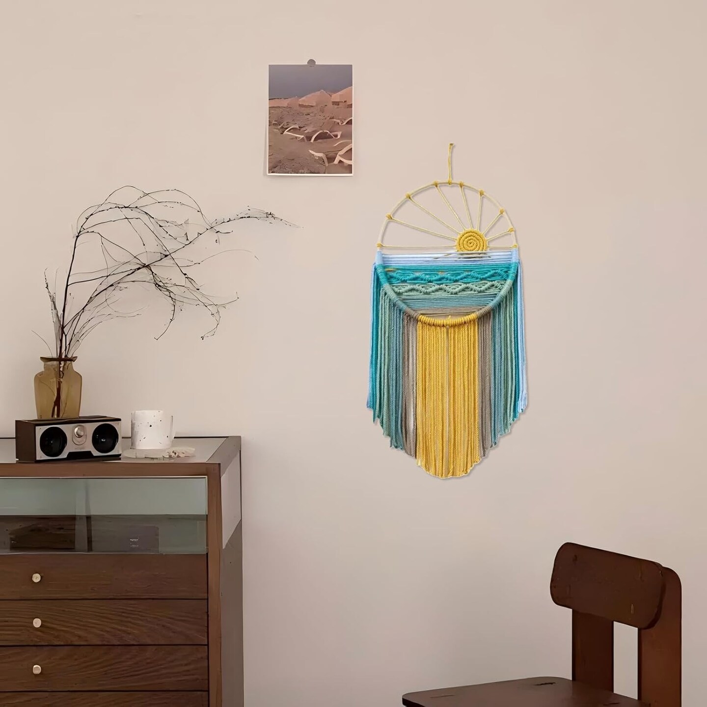 Macrame Wall Hanging Tapestry, Boho Sun Wall Decor, Colorful Hand Dreamcatchers Woven Tapestries for Living Home Room, 23.6&#x22; Lx 11.8&#x22; W (Warm Sun)