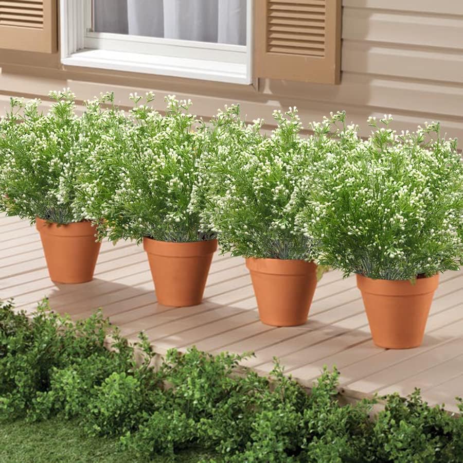 8-Piece Artificial Outdoor Plants & Flowers – Fake Shrubs with Vases for Patio, Garden, Porch, and Outdoor Decor (White)