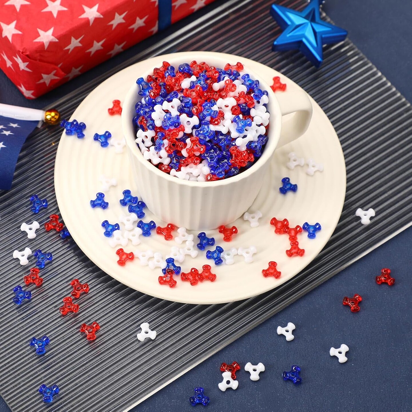 4th of July Tri Beads, 1200Pcs Plastic Red White Blue Tri-Shaped Beads for Jewelry Making Patriotic Crafts Independent Day DIY Necklace Bracelets Hair Beads