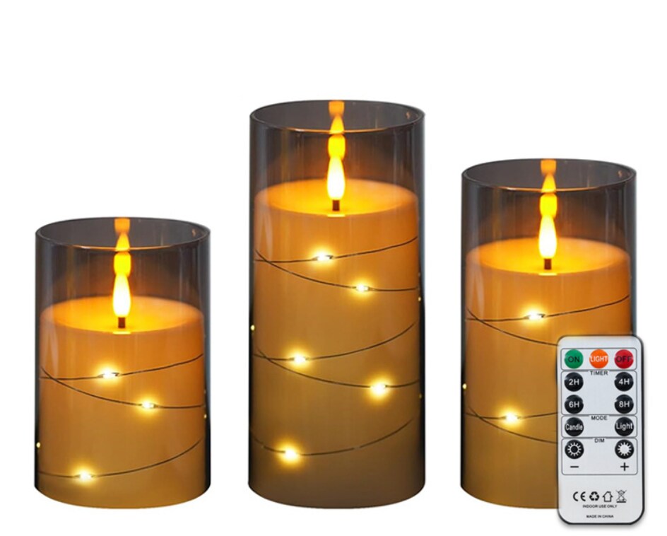 Designer&#x2019;s Shop CS-7306 Flameless LED candle with String Star Lights and Remote Control Timer. 3 pc packed, color : Grey