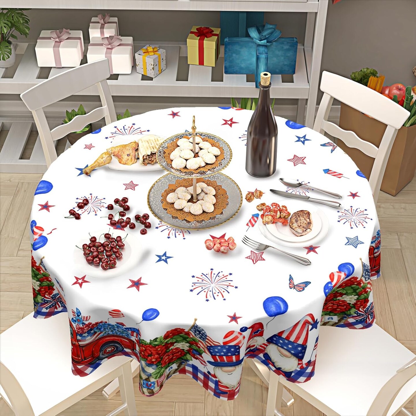 4th of July Tablecloth Round Patriotic American Flag Star Table Cloths Circular Independence Day Gnome Truck Table Cover Waterproof Polyester Tabletop for Dining Kitchen Party Decor 60 Inch