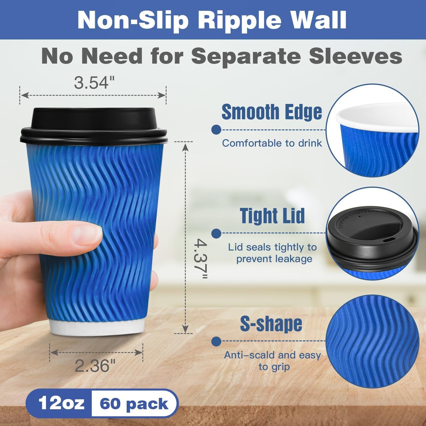 60 Pack 12 oz Disposable Cups with Lids, Summer Party Tableware, Double Wall Insulated Ripple Paper Cups, Leak-Proof To-Go Cups for Hot Beverages