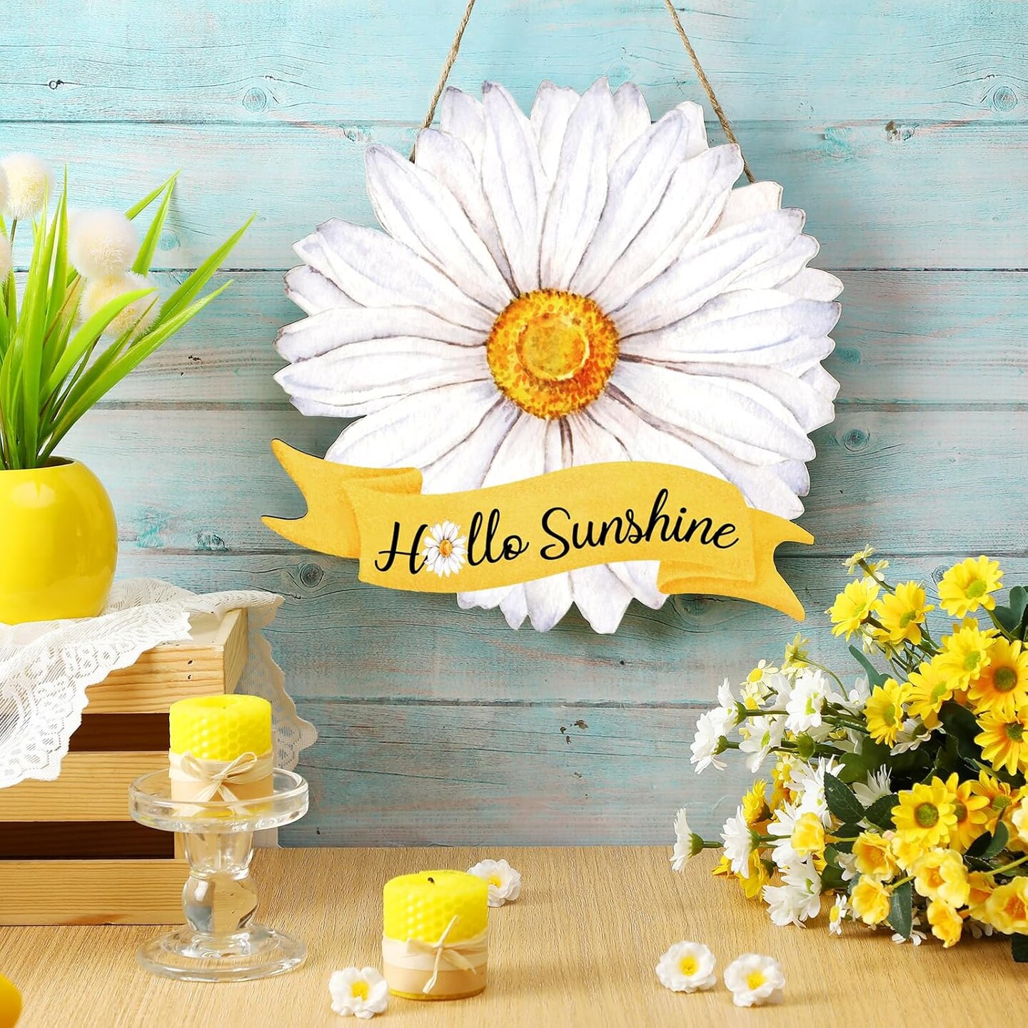 Hello Summer Door Sign Summer Wreaths for Front Door Hanger Rustic Wooden Daisy Wall Decor Flower Flip Flops Welcome Hanging Sign for Home Office Indoor Outdoor Decoration(Daisy)