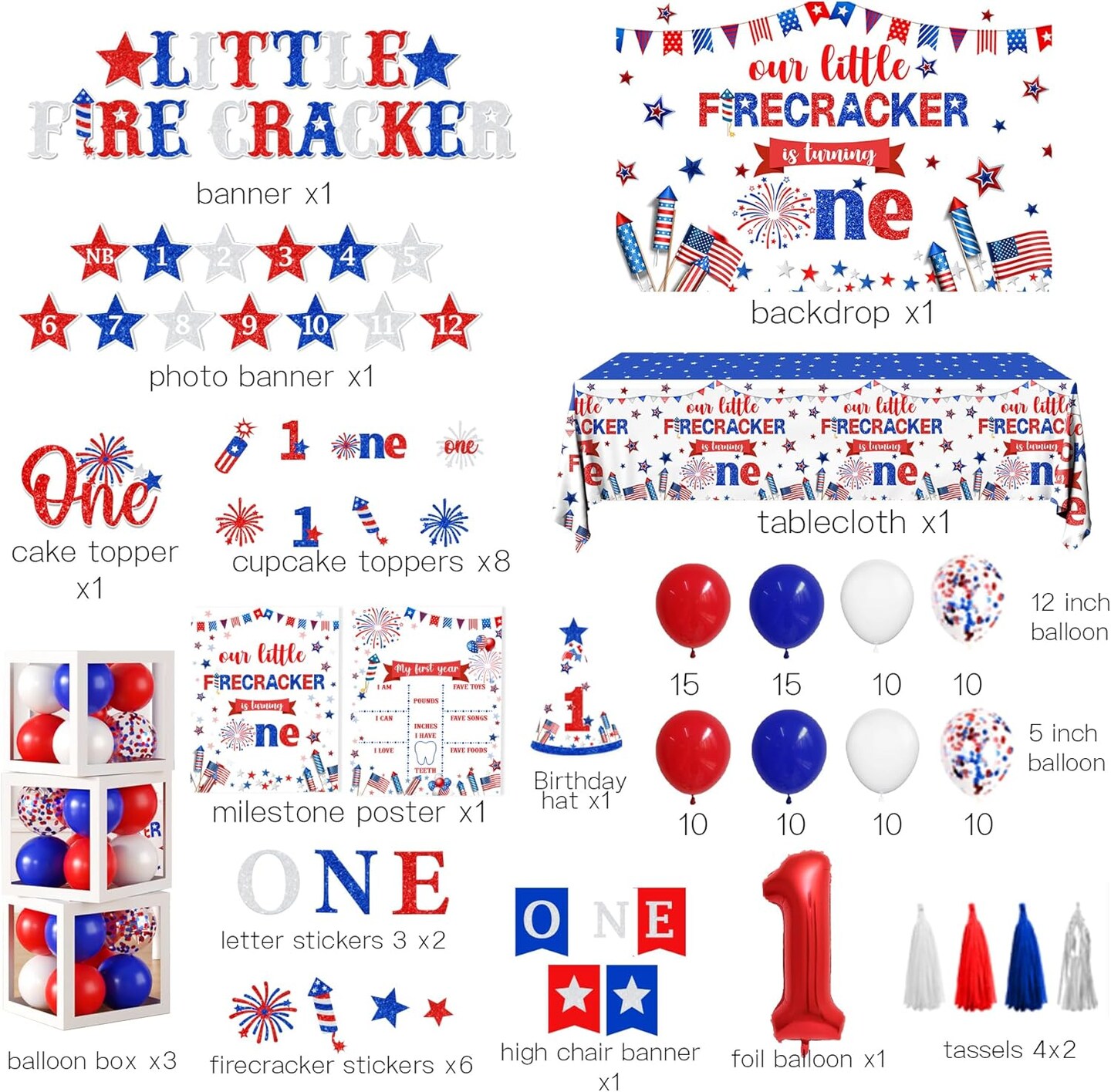 4th of July Birthday Decorations, Little Firecracker First Birthday Party Supplies Backdrop Balloon Box Cake Cupcake Topper Tablecloth for Baby Shower Memorial Day Independence Day Decorations