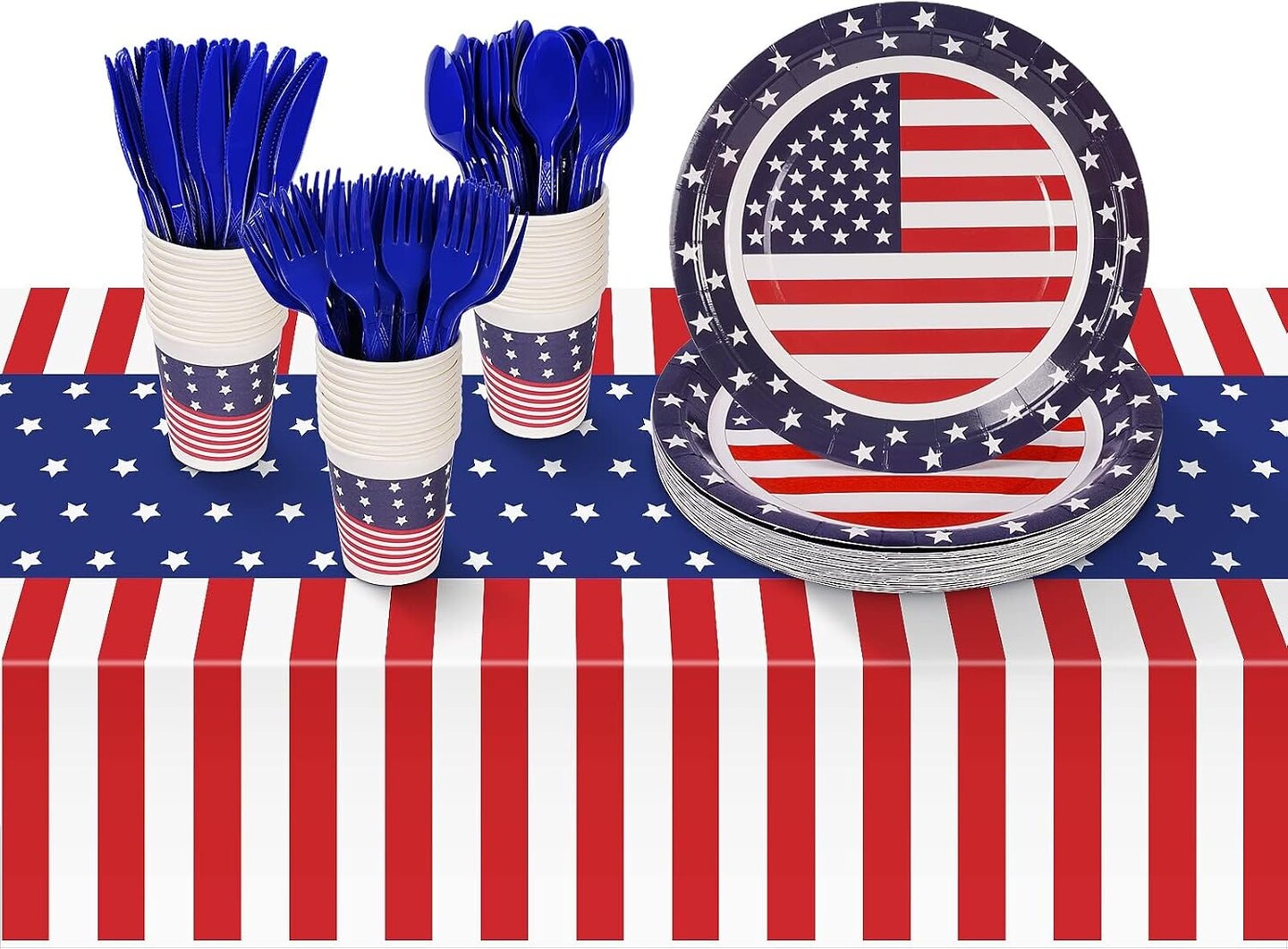 Patriotic Party Supplies Set, 152-Piece American Flag Decorations with Tablecloth, Plates & Cups – Red, White and Blue Decor for 4th of July, Memorial Day, Outdoor Picnic