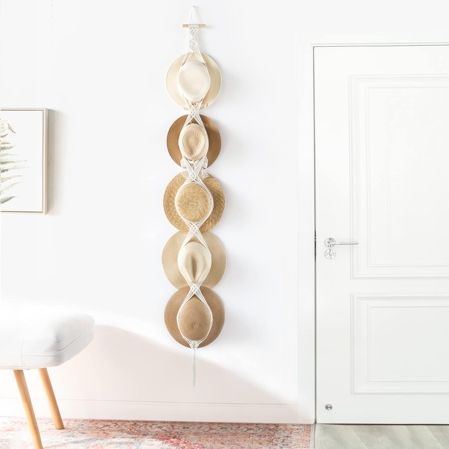 Macrame Hat Hangers Hat Rack for Wall Cowboy Hat Organizer Hanging Display Hand Weaving Bobo Hat Holder Westen Decor for Wide Brim Hats Bowler Fedora Hats, 5 Hats Style