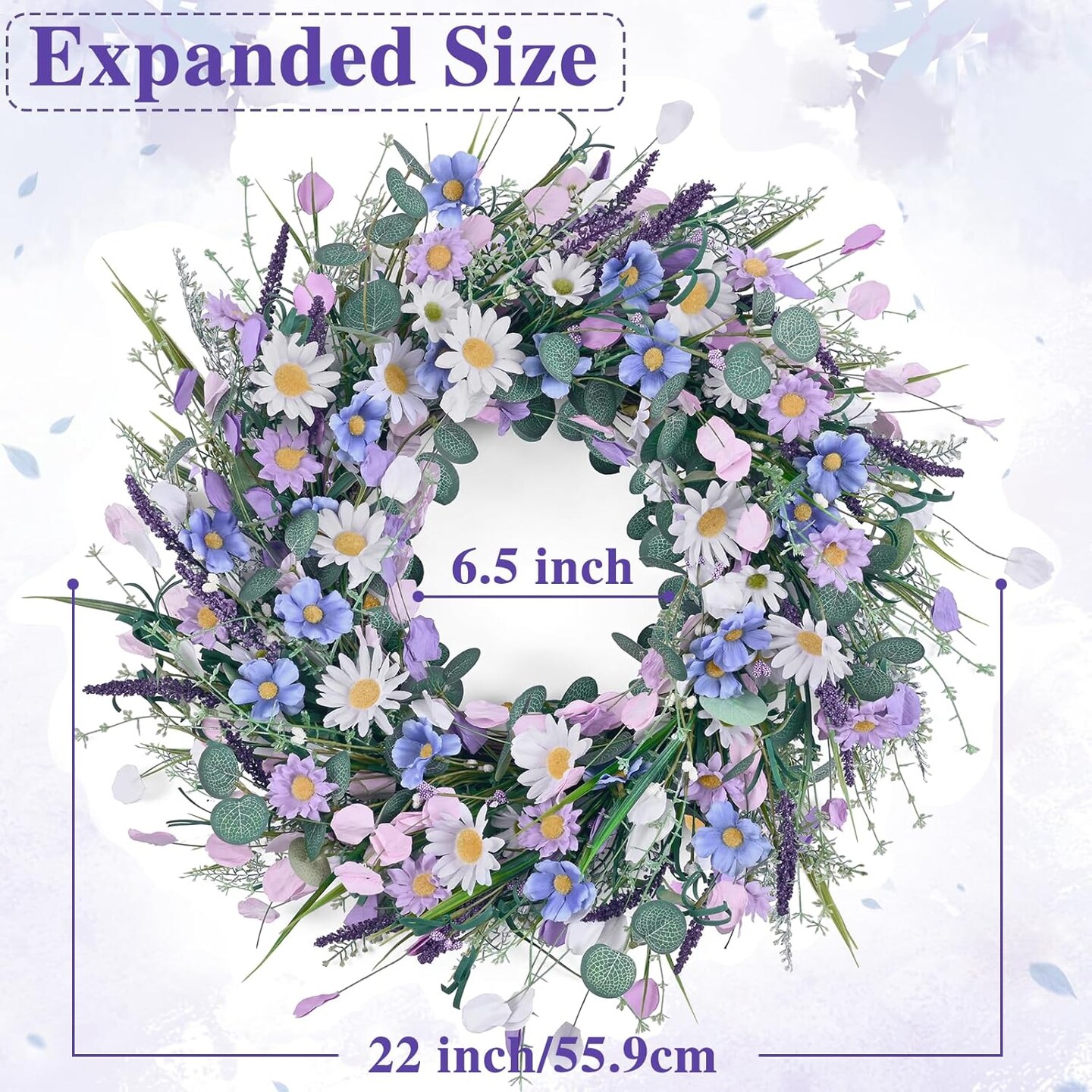 Spring Wreaths for Front Door, 22 Inchs Spring Daisy Wreath Summer Wreath with Floral Lanvender for Indoor Outdoor Wall Porch Window Decor and Festival Celebration