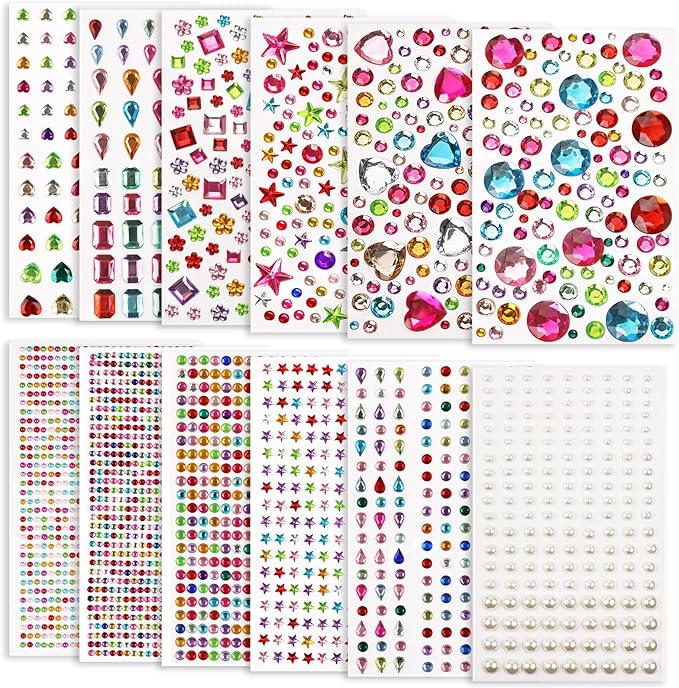 Gem Stickers, 3200pcs Rhinestone Stickers Jewels for Crafts, Self Adhesive Rhinestone Jewel Stickers, Assorted Shapes Acrylic Gems Stickers, Stick on Gems for DIY, Craft Supplies for Kids