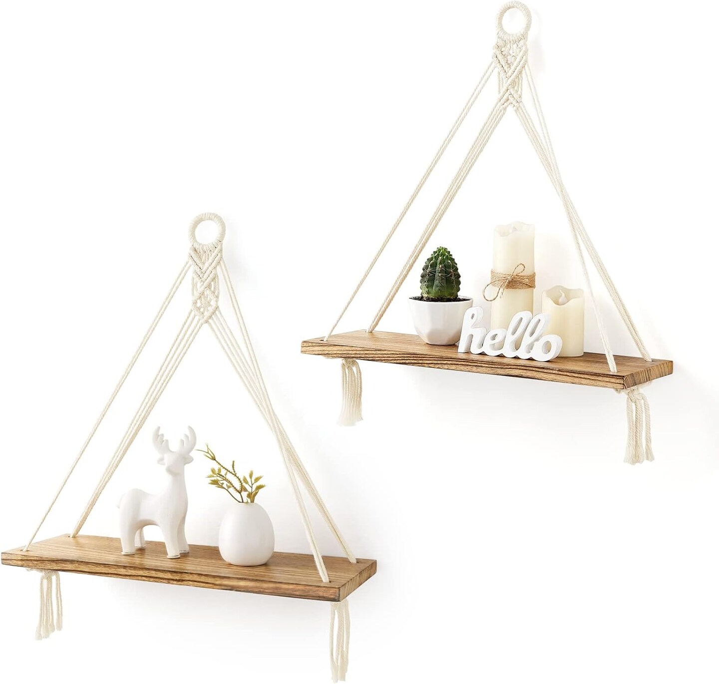 Macrame Hanging Shelves Boho Wall Decor Set of 2 Rustic Wood Floating Storage Shelf for Bedroom Bathroom Living Room Nursery Dorm Room, Display Shelving for Hanging Plants Photos