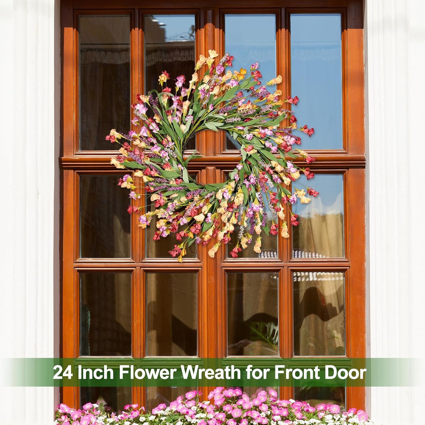 24&#x22; Spring Wreaths for Front Door Not Withering Artificial Floral Wreath with Wildflowers Summer Decorations for Indoor Outdoor Window Wall Farmhouse Porch Easter Home Decor Red Orange Purple