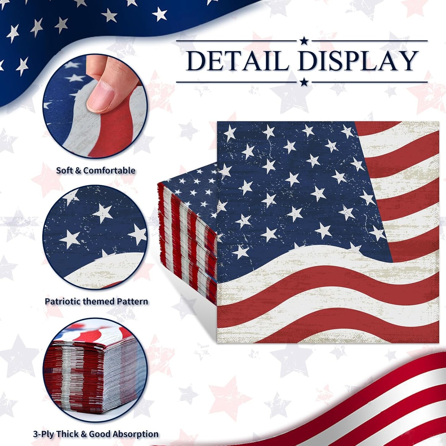 50 Pcs American Flag Patriotic Party Napkins, 4th of July Disposable 3-Ply Cocktail Paper Napkins, Red White and Blue Luncheon Napkins for Veterans Day Independence Day Memorial Day Party Decorations