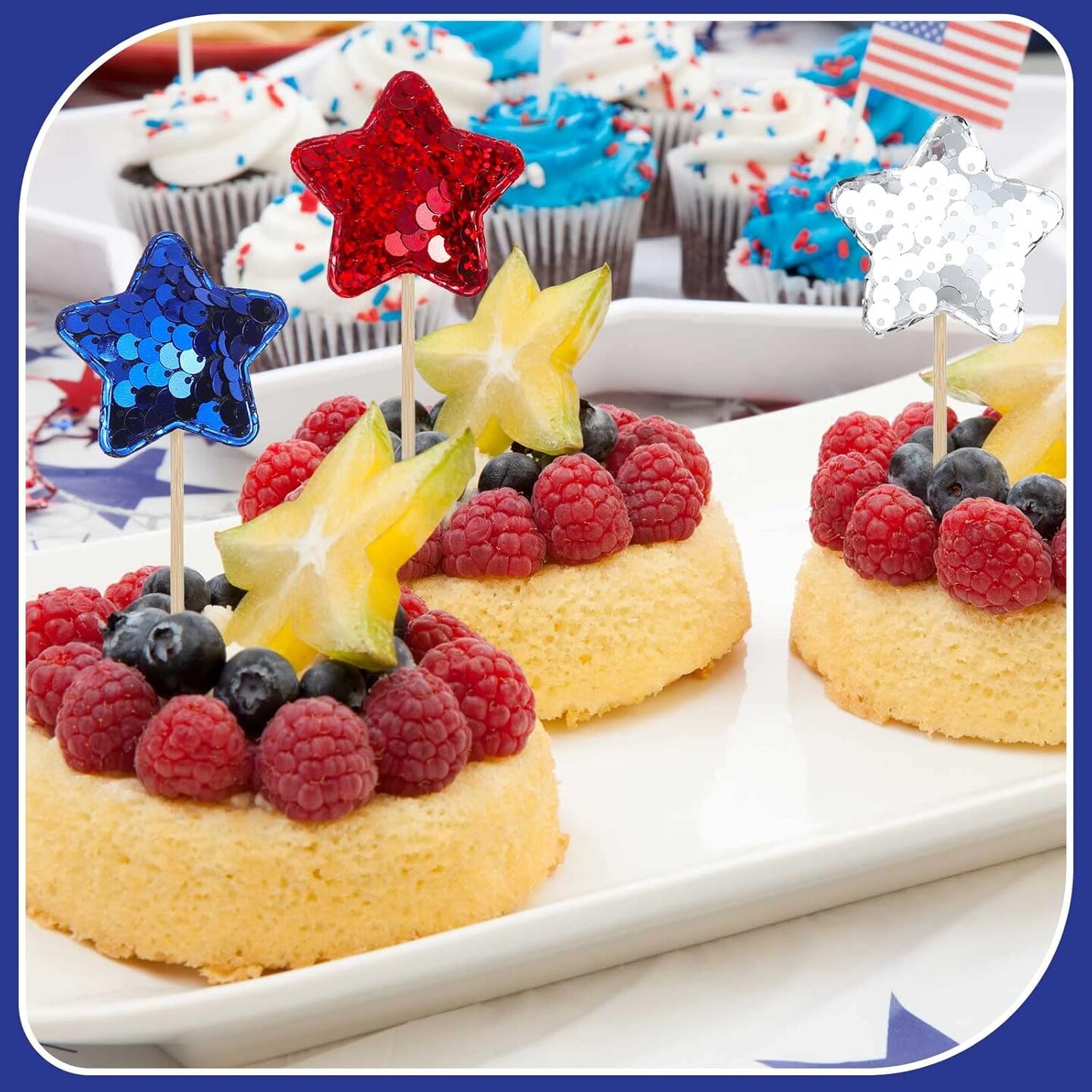 120 Pcs Glitter Star 4th of July Cupcake Toppers Patriotic Cupcake Toppers Glitter Independence Day Cupcake Picks Blue Red Silver Cupcake Toppers for Independence Day Party Supplies Favors
