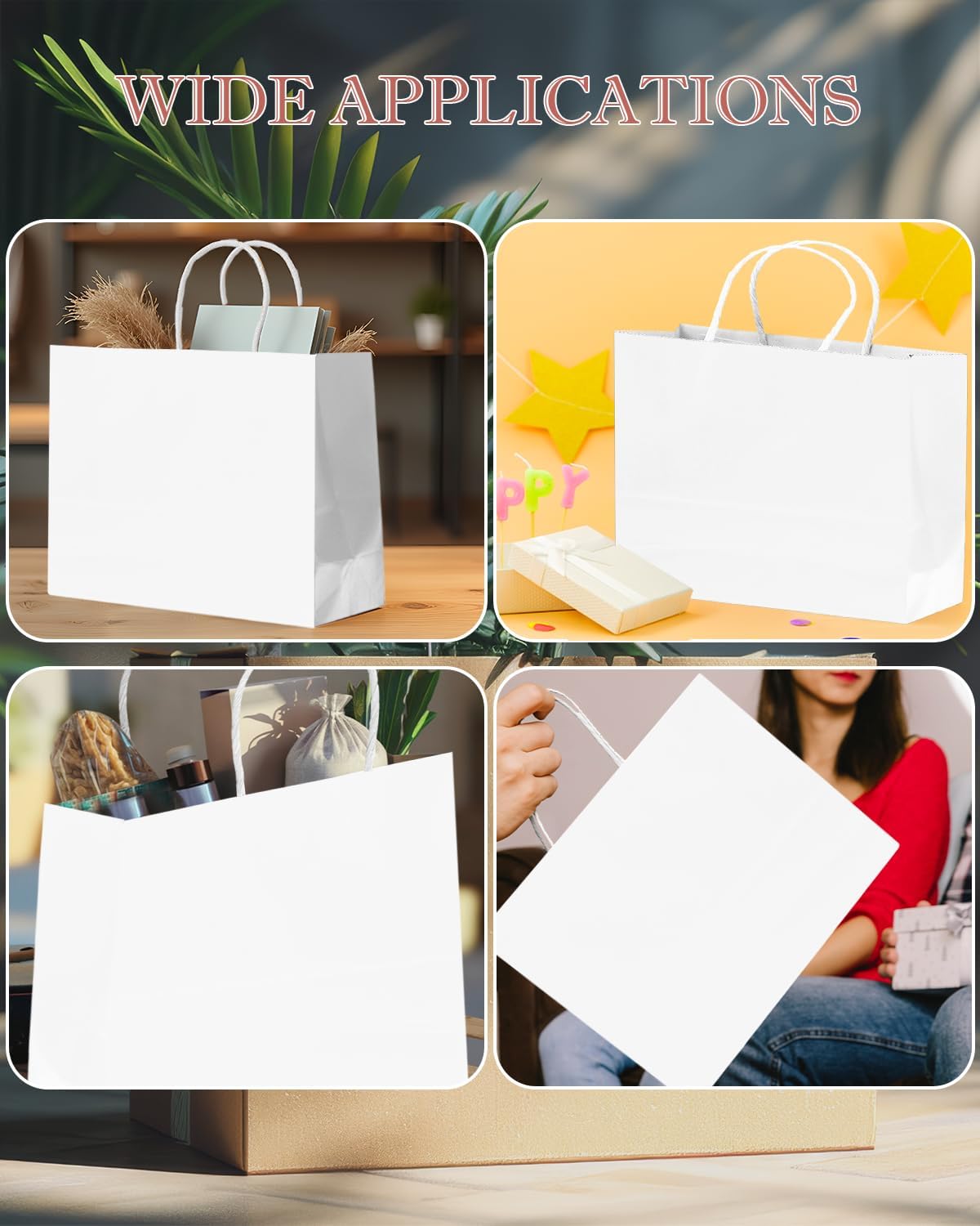 Large Gift Bag with Handles 100PCS Gift Paper Bags White Bags Multiple Uses (Wide Large)