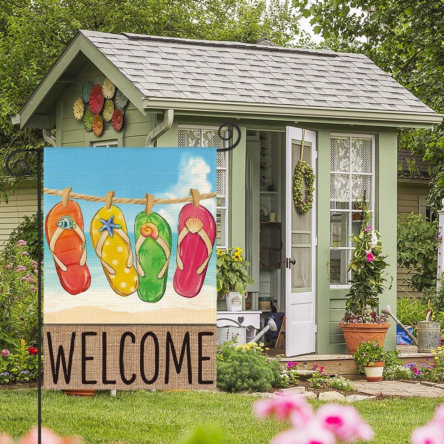 Summer Beach Flip-flop Garden Flag 12x18 Inch Double Sided, Welcome Seasonal Holiday Burlap Yard Outdoor Decoration