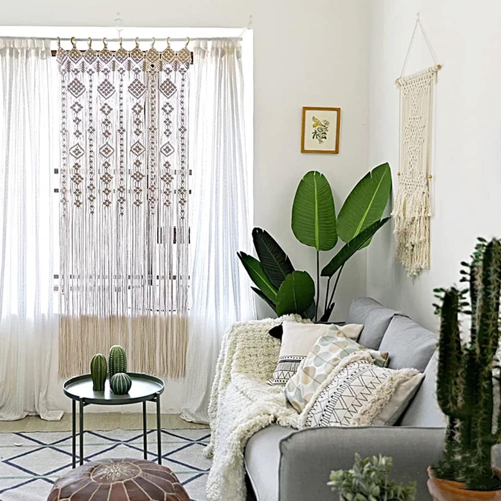 Boho Macrame Window Curtain Room Divider Doorway Curtain 79 x 35 Inches Large Long Macrame Wall Hanging for Living Room Bedroom Bohemian Home Decor Wedding Backdrop, Gypsophila - 1 Panel L