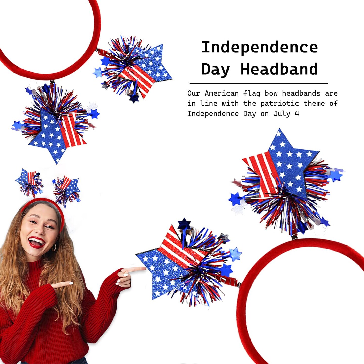 4th of July Headband Independence Day Hair Accessories Patriotic Party Hair Supplies USA Flag Star Design Blue Red Ribbon Stars Hair Decoration Cute Hair Hoop for Women Girls Kids 1 Pcs