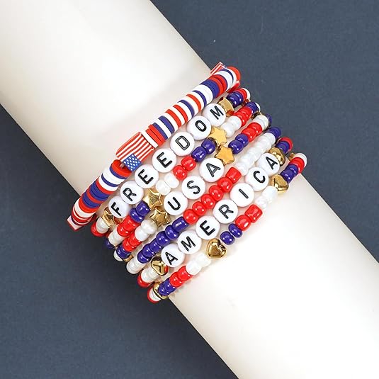 4th of July Bracelets for Women Girls America Flag Bracelets USA Red White and Blue Patriotic Stretchy Stackable Beaded Heishi Bracelet Gifts Independence Day Jewelry