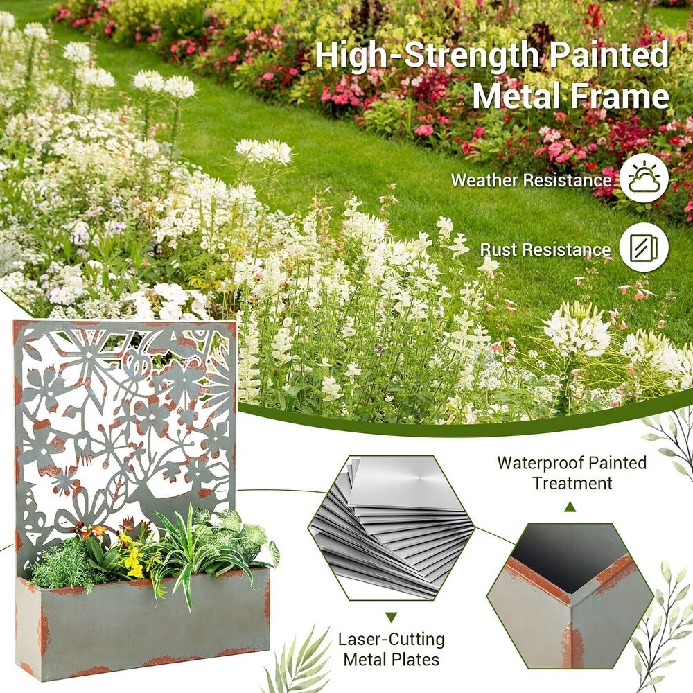 2Pcs Rust Metal Privacy Screen Planter with Trellis &#x26; Hanging Hook