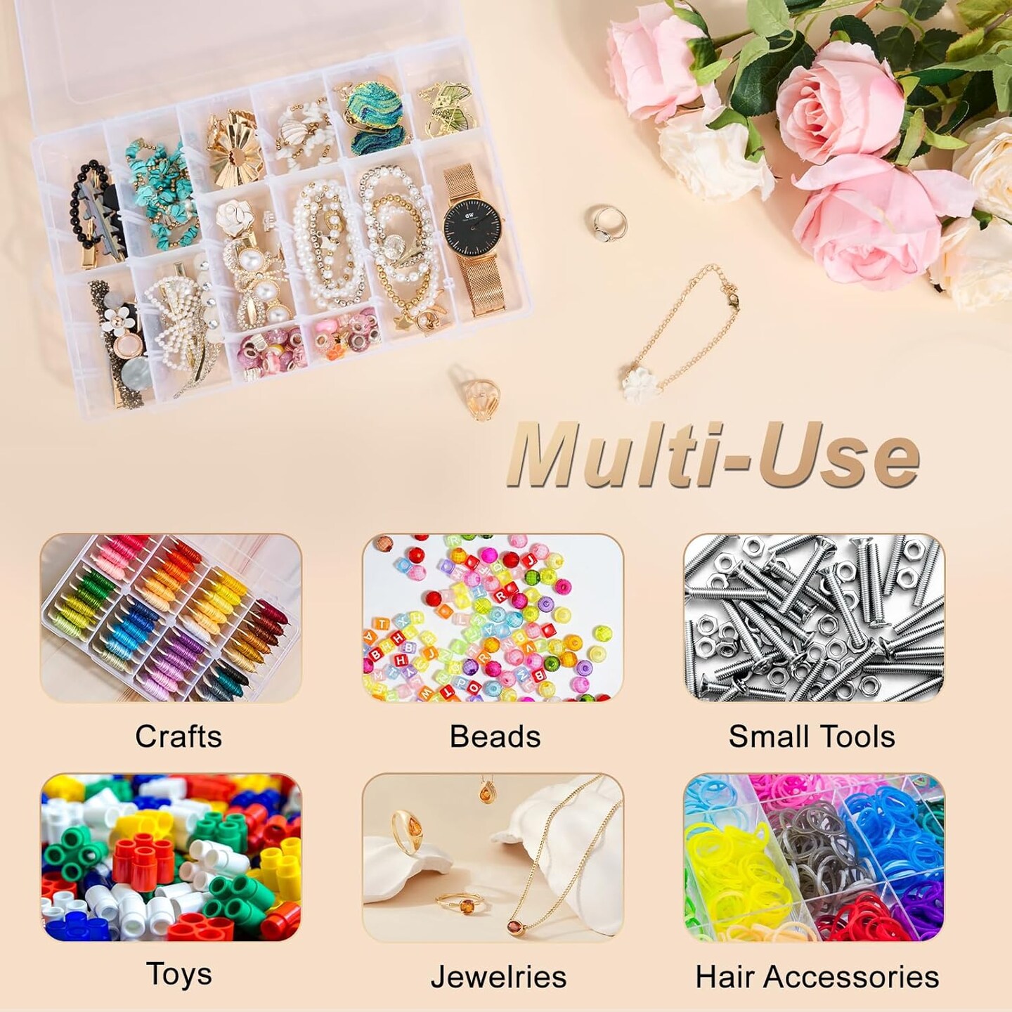 18 Grids Large Plastic Organizer Box with Adjustable Dividers, Clear Compartment Storage Container Tackle Box with Label Stickers for Beads, Crafts, Jewelries, Tools