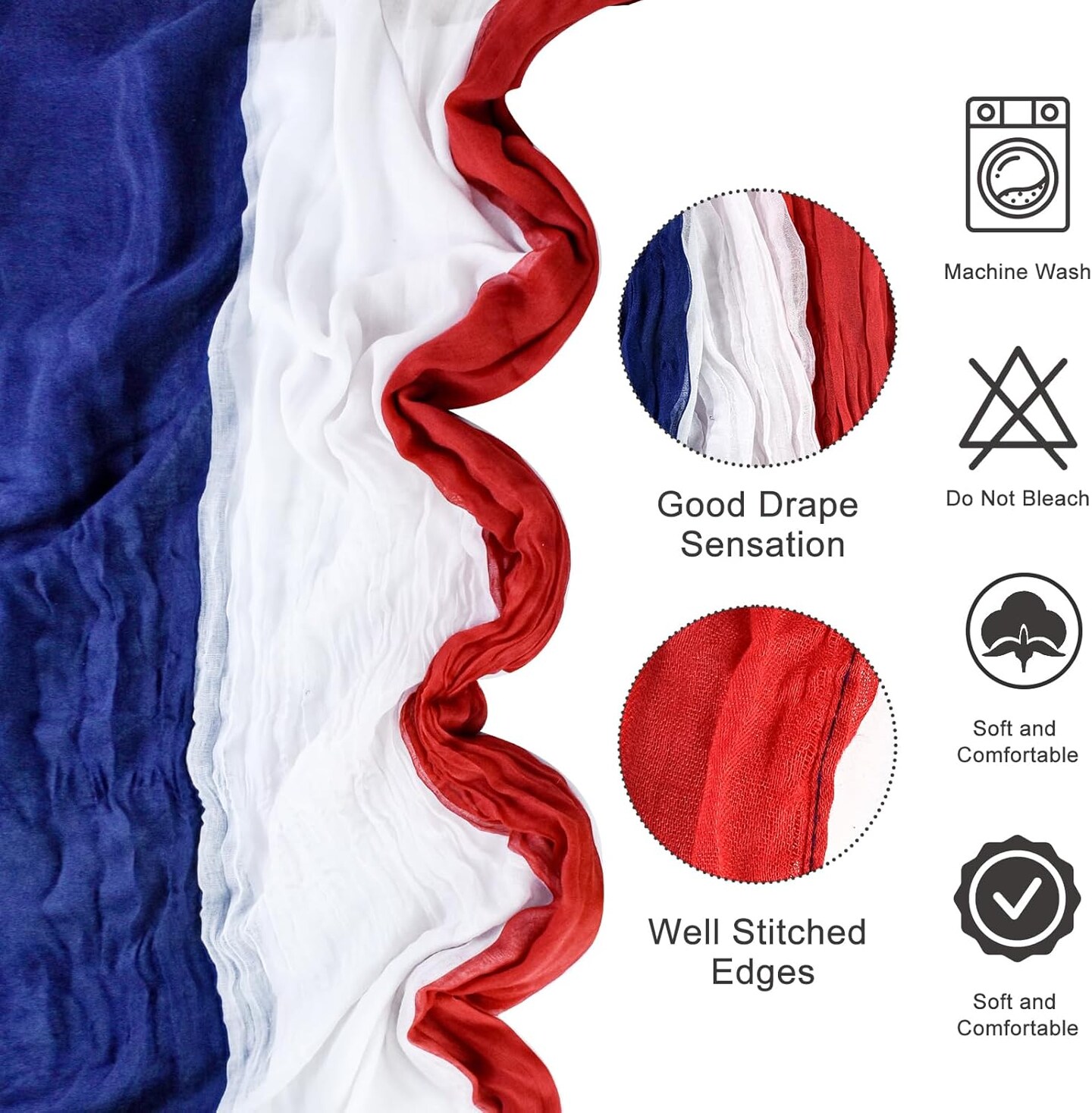 4th of July Cheesecloth Table Runner, Vintage Red White and Blue Table Runner for Memorial Day Labor Day Independence Day Veterans Day Patriotic Party Decoration for Kitchen Dining Room Indoor Outdoor