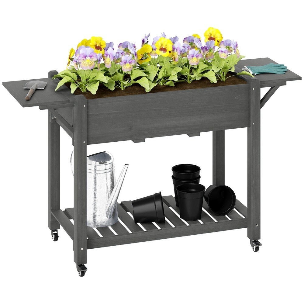 Wood Raised Garden Bed with Lockable Wheels, Side Tables, Bottom Shelf & Liner