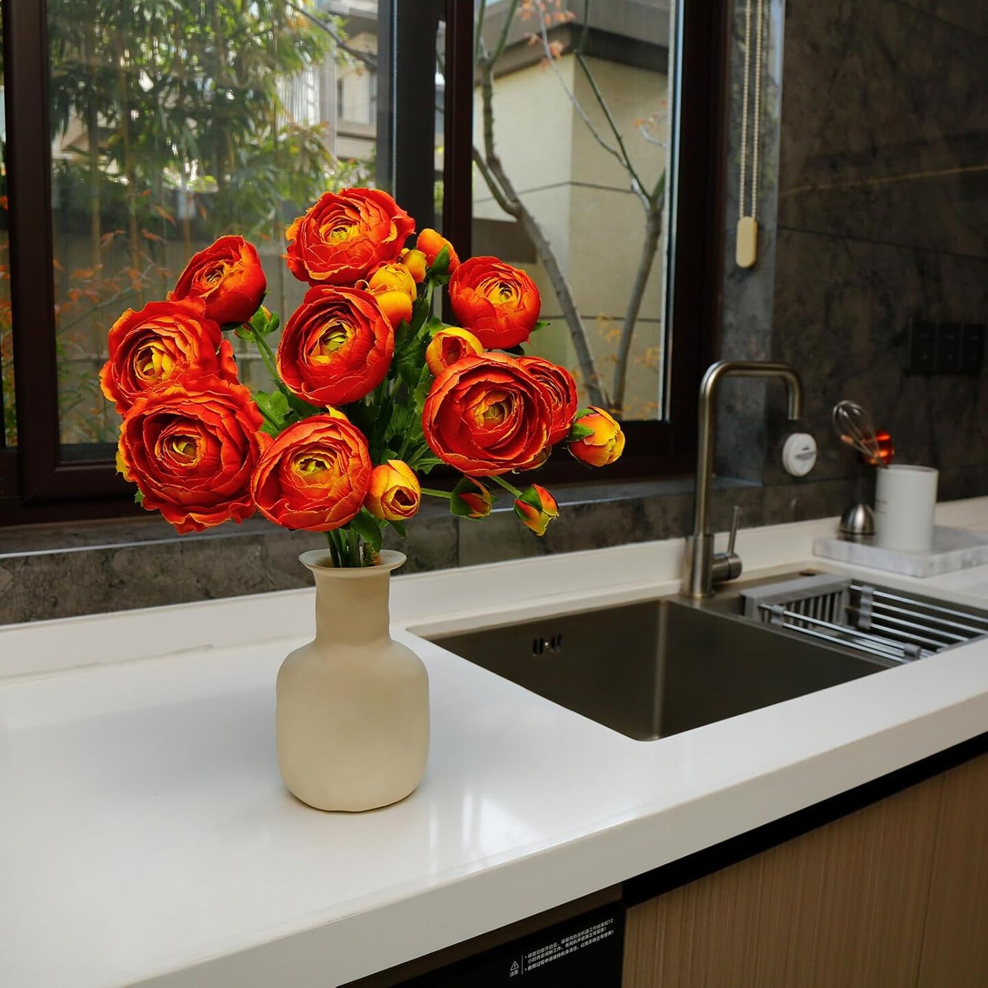 9 Pcs Ranunculus Artificial Flowers 17.3&#x22;, 27 Heads Faux Silk Ranunculus with Long Stems, Fake Flowers for Home Decor Indoor, Wedding Bouquets Centerpiece (Orange)