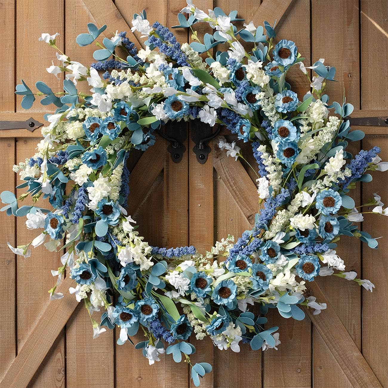 20 Inch Summer Wreath Blue with Green Leaves Wreaths Blue Daisy Artificial Grains White Flower Wreath for Front Door Wreaths,Farmhouse Decor Indoor&Outdoor Wedding Wall Home Decor