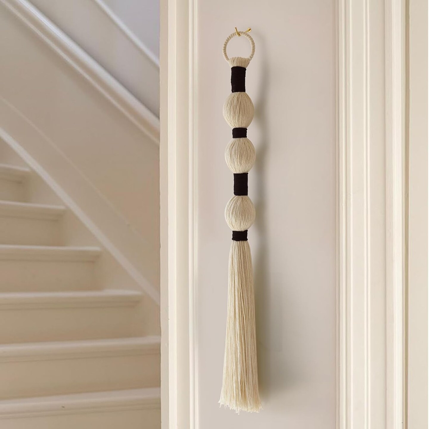 Boho Macrame Wall Hanging – Small Cotton Tassel Fiber Art for Living Room & Bedroom, 27" x 2.3"