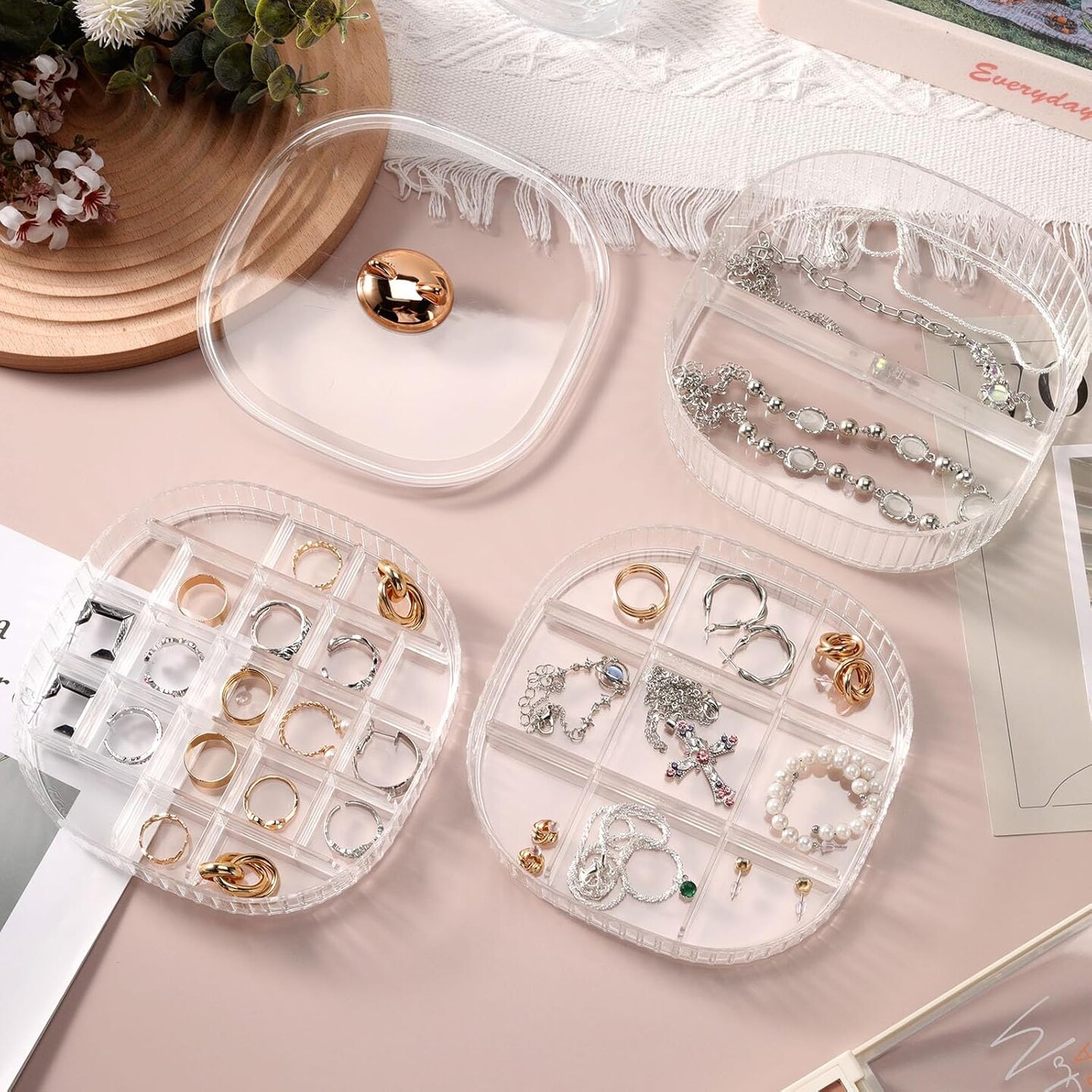 Earring Organizer,Stackable 3-Layers Clear Jewelry Box with Lid,Stud Earring Organizer for Women Girls,Earring Box Display Holder for Earrings Ring Studs Bracelet Necklace Crafts (Clear)
