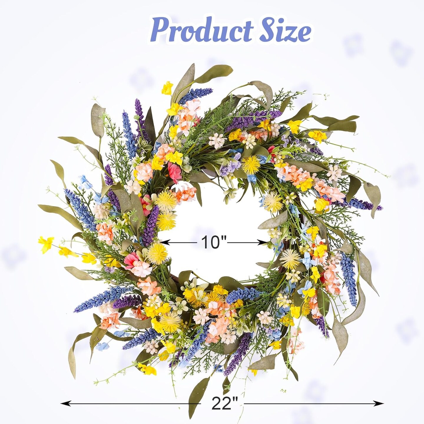 22&#x22; Colorful Wildflower Spring Summer Wreath with Green Leaves, Floral Artificial Wreath for Front Door Home Wall Wedding Farmhouse Holiday Outdoor Indoor D&#xE9;cor (Yellow)