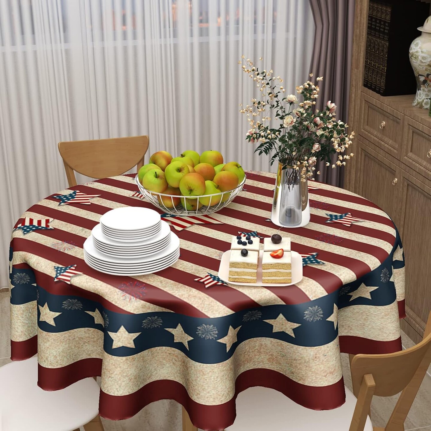 American Flag Tablecloth Round 60 Inch 4th of July Memorial Day Patriotic Table Cloth Wrinkle Resistant Rustic USA Independence Day Table Cover Decorative for Home Kitchen Dining Indoor Party Picnic