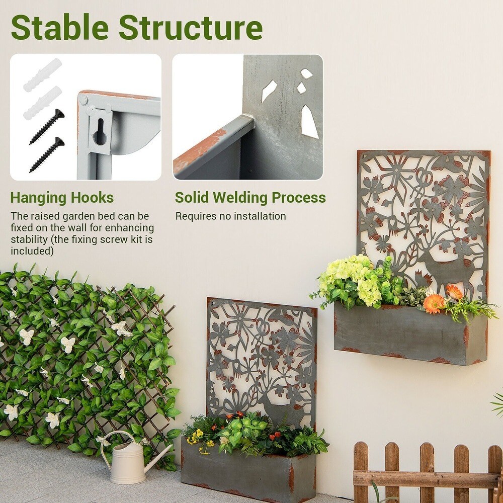 2Pcs Rust Metal Privacy Screen Planter with Trellis & Hanging Hook