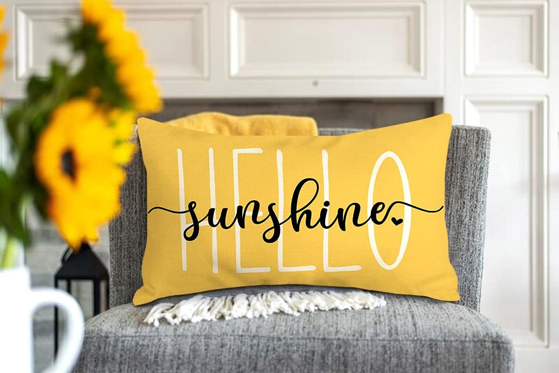 Hello Sunshine Pillow Cover Farmhouse Yellow Lumbar Pillow Cover Spring Summer Decorations Cushion Case for Sofa Couch Polyester Linen 12x20 Inches