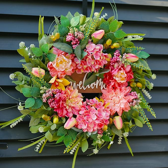 Spring Wreaths for Front Door 24 Inch Outdoor Spring Wreath with Welcome Sign, Vibrant Summer Floral Wreath with Pink Peony Hydrangeas Dahlias Tulips Flower for Wall Window Home Door Décor
