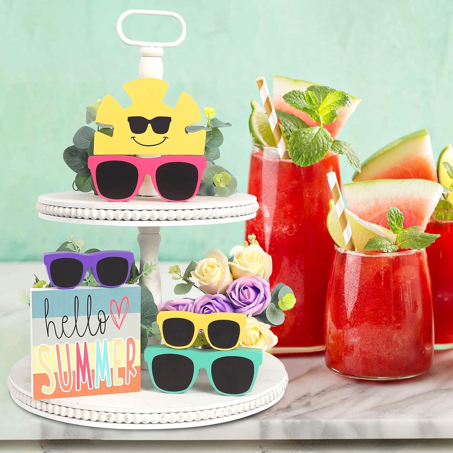 Summer Decor - 6 PCS Rustic Summer Tabletop Decor - Hello Summer Sunglasses Sunshine Wood Decorations - Luau Party Decorations
