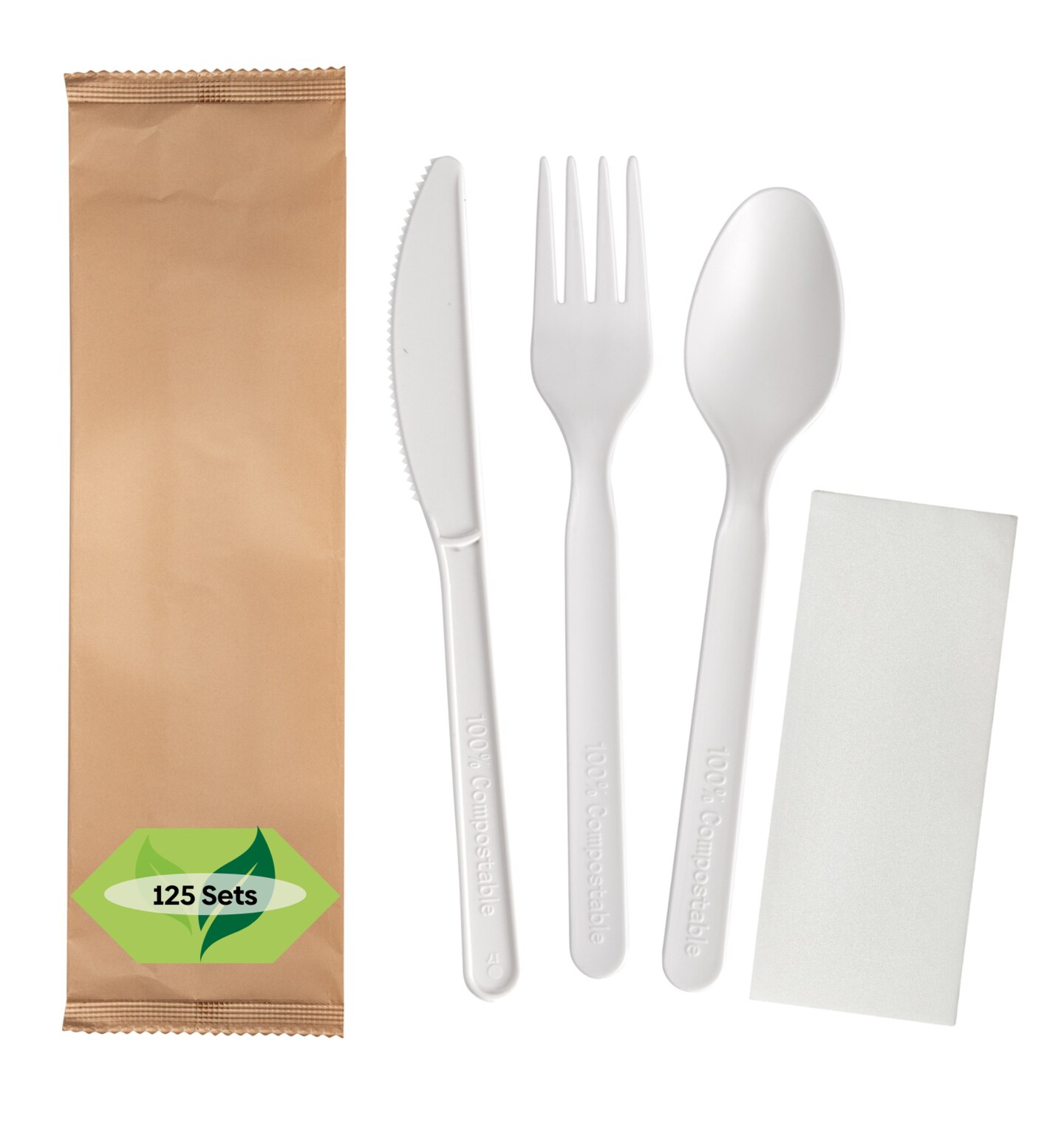 Compostable Disposable Plant Based Sealed Cutlery Packets (125 Sets)