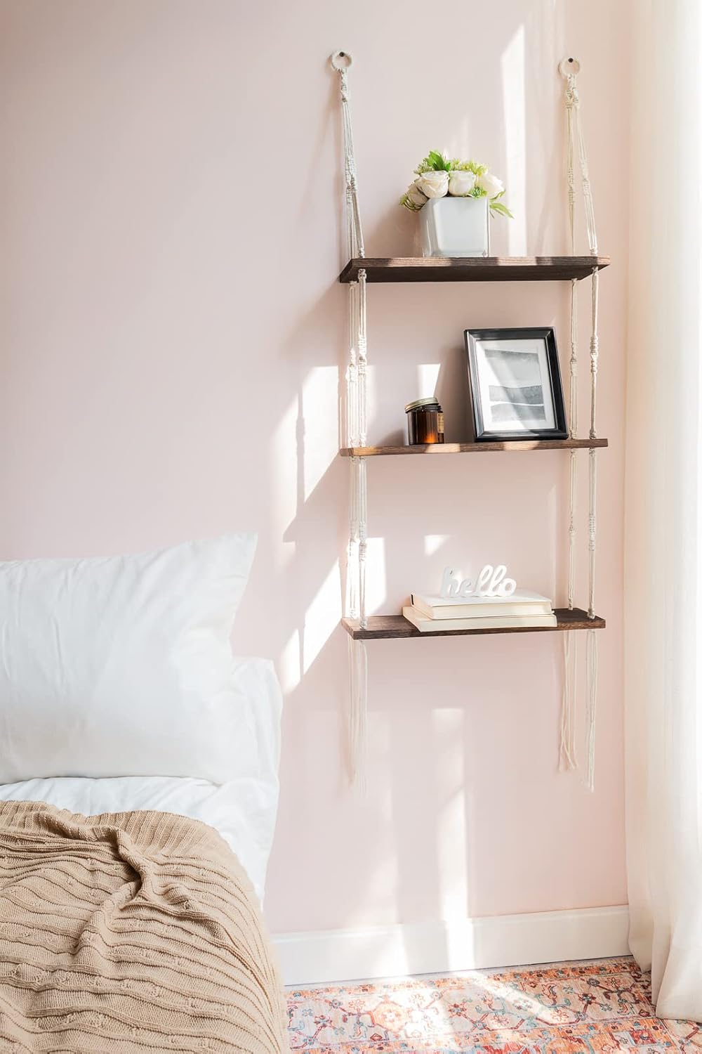 Macrame Wall Hanging Shelf 3 Tier Wood Floating Shelves with Cute Woven Rope Boho Room Decor Display Photos Plant Hanging Storage Shelves for Bathroom