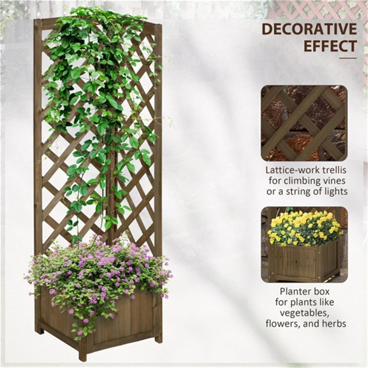 57&#x22; Carbonized Wooden Raised Garden Corner Planter Bed with Trellis