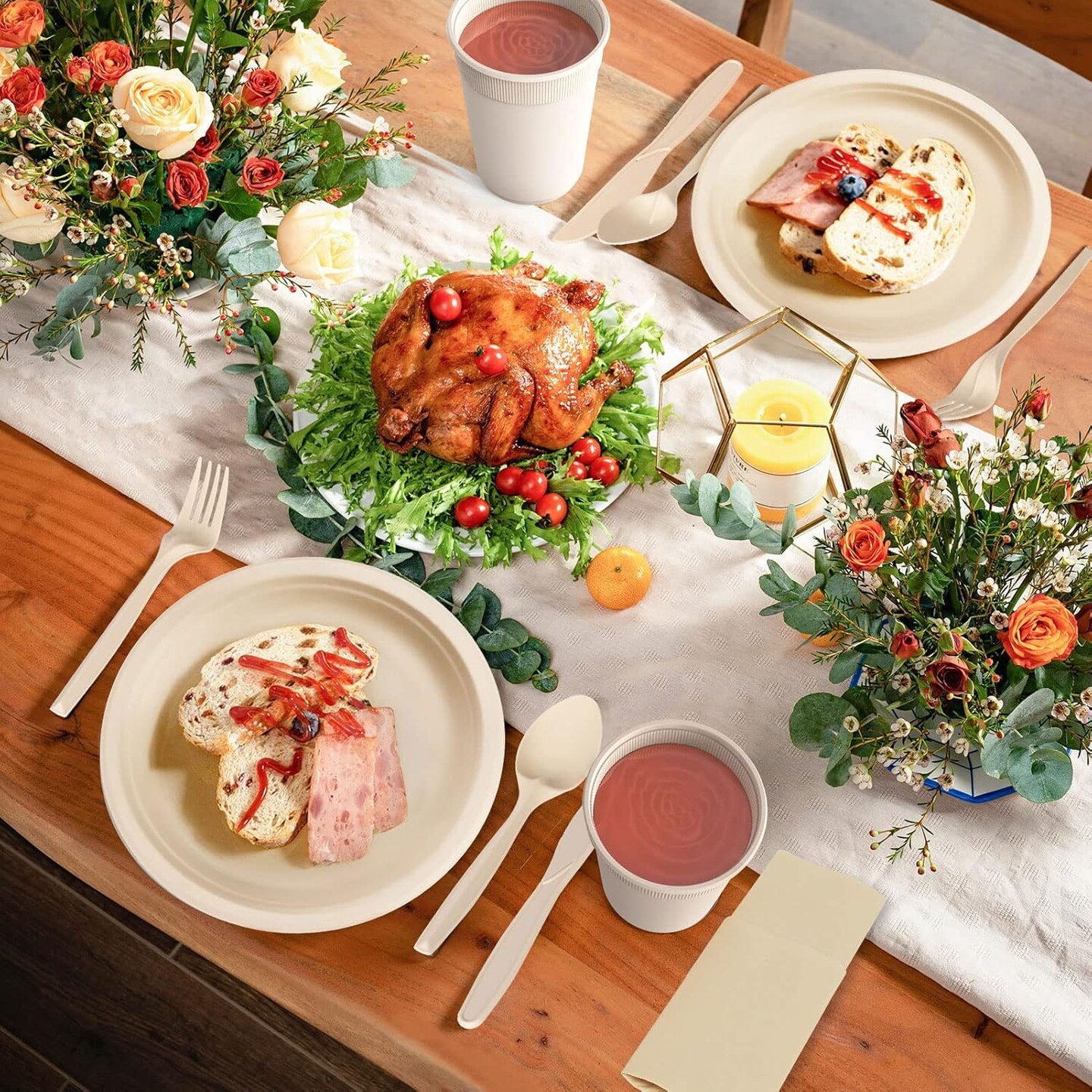 400pcs Compostable Paper Plates Set Eco-friendly Heavy-duty Disposable Paper Plates Cutlery Includes Biodegradable Plate, Forks, Knives, Spoons, Cups and Straws for Wedding Party