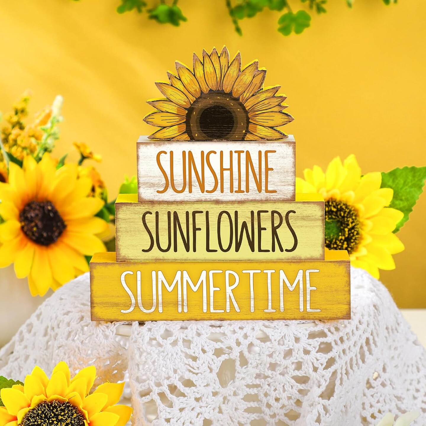 4 Pcs Summer Wooden Tiered Tray Decor Farmhouse Rustic Table Decor Books Stack Block Signs for Table & Home Office Decorations(Sunflower Style)