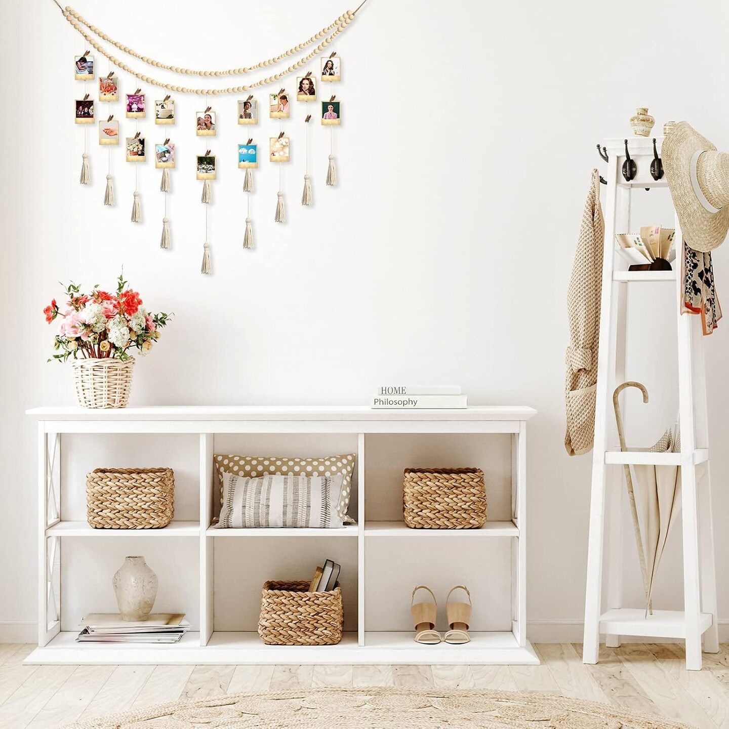 Hanging Photo Display Boho Macrame Photo Wall Hanging with 24 Wood Clips Macrame Collage Picture Frame with Wooden Beads Double Layer Room Decor Art Display