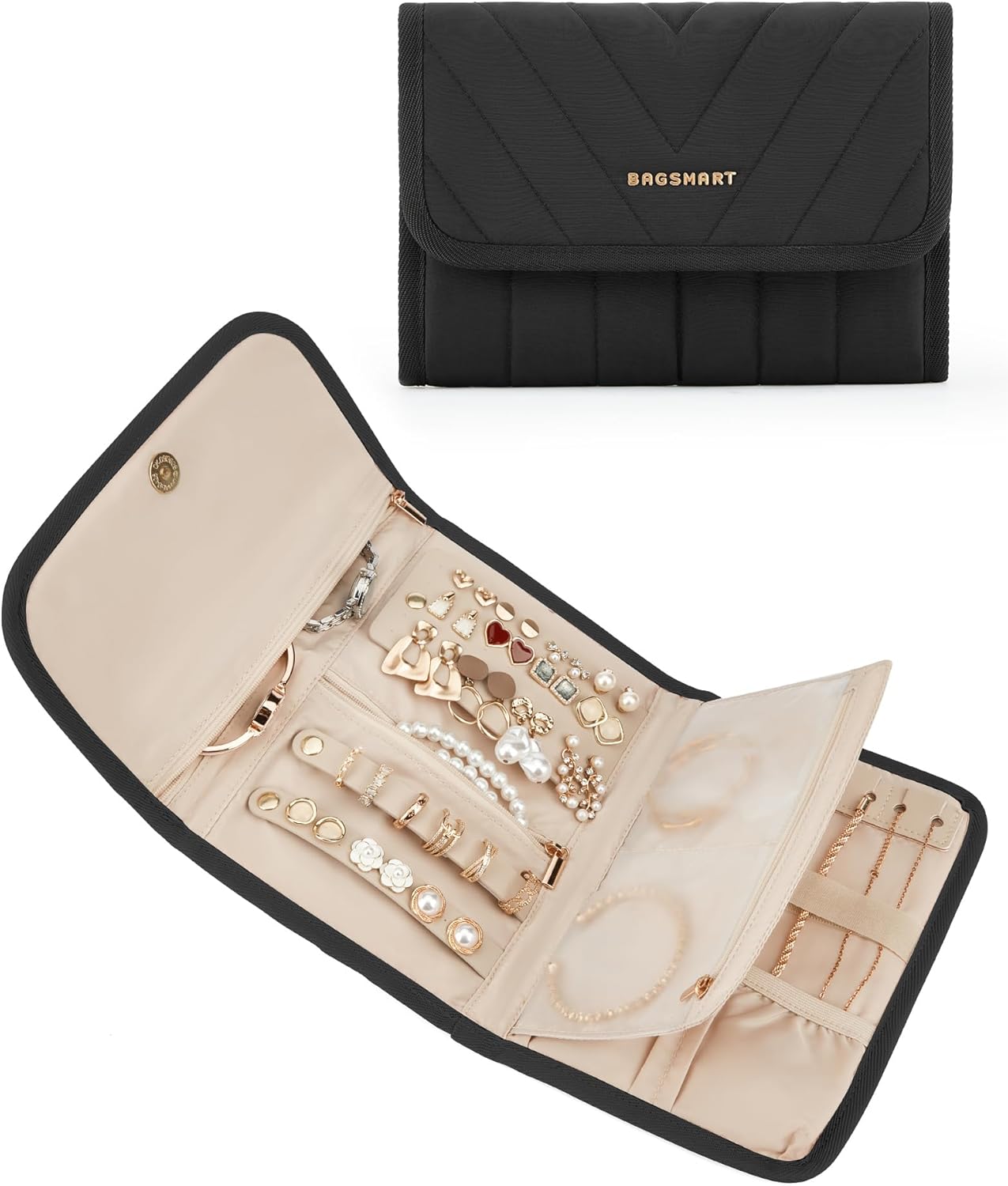 Travel Jewelry Organizer Case, Foldable Jewelry Roll for Necklaces, Earrings, Journey-Rings, Bracelets, Brooches, Portable, Black