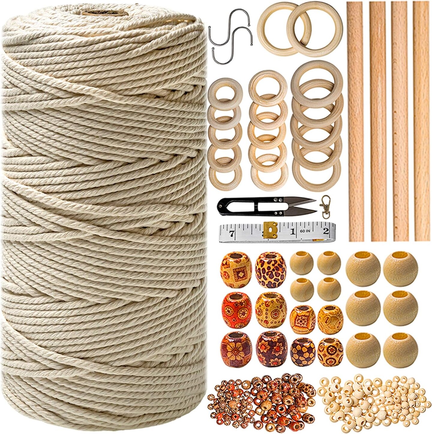 Macramé DIY Kit – 227-Piece Wall Hanging & Plant Hanger Supplies with 225 Yards 3mm Cord, Wooden Beads, Dowels, Rings, and E-Book Tutorial – Perfect Craft Starter Set for Adults & Beginners